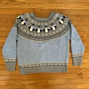 Women’s Blue Sweater with Penguin with Scarves Details